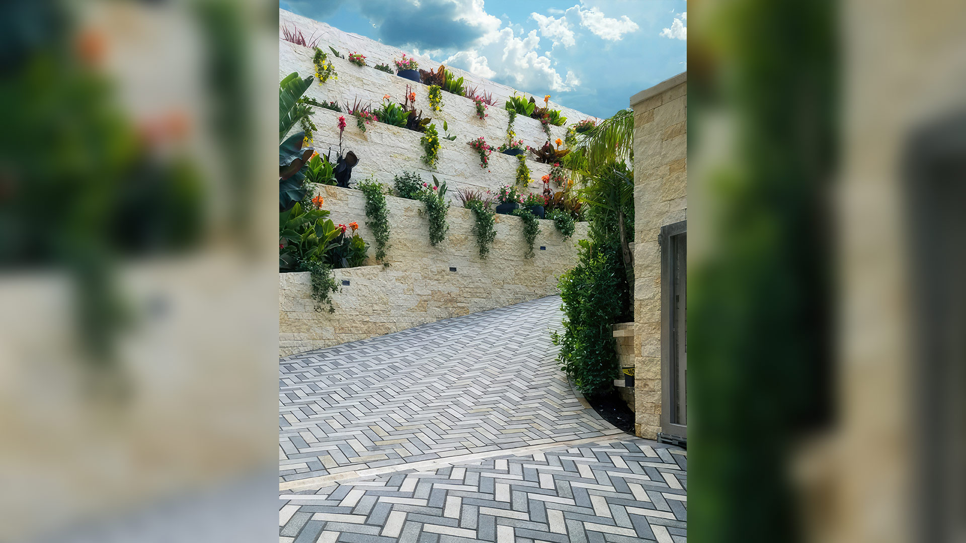 Camilla Neo Ledge: Sawn natural stone thin veneer installed on exterior wall of custom home entryway.