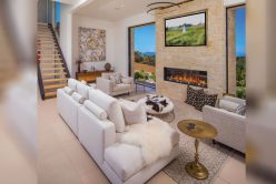 Living Room with Nadia Neo Ledge: Sawn thin veneer wall with fireplace