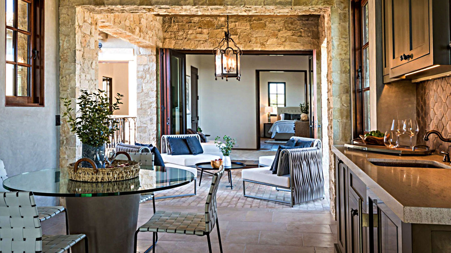 custom home living room with tuscan blend thin veneer installed on interior walls